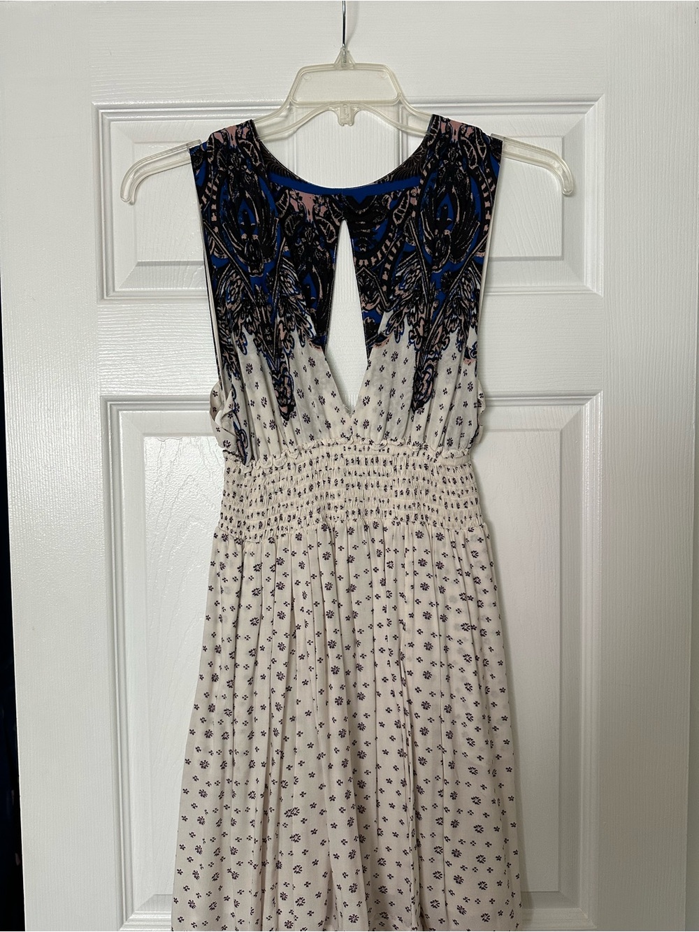 NWOT size Medium Free People Cream Midi Dress with Blue & Black Printed